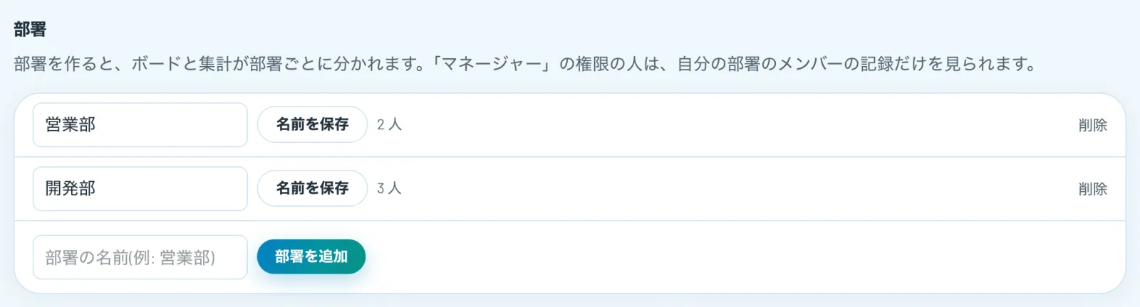 部署の一覧と、部署ごとの人数